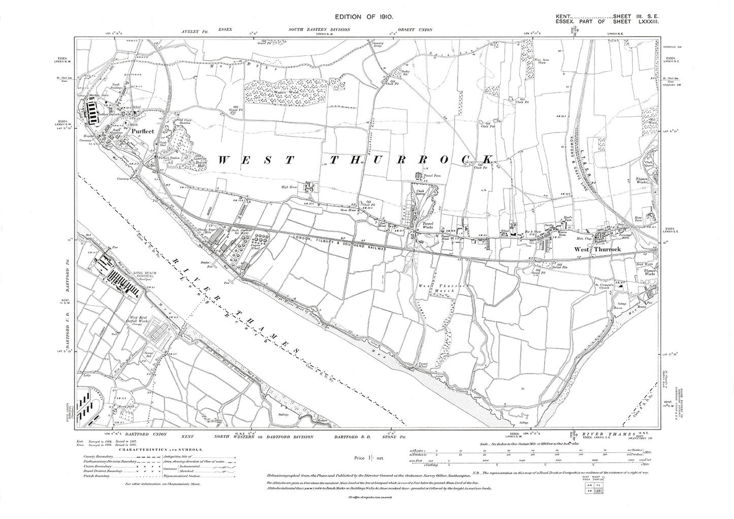 Purfleet, West Thurrock, old map Kent 1910: 3SE