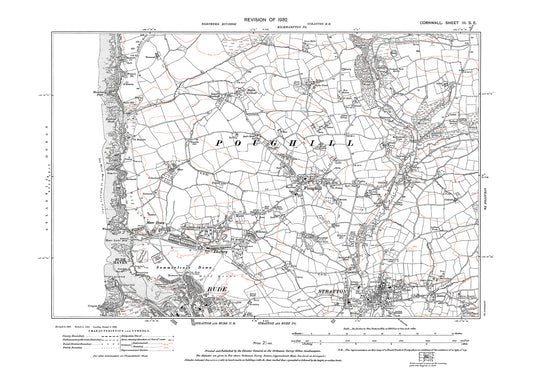 Bude (north), Stratton, Poughill, old map Cornwall 1932: 3SE