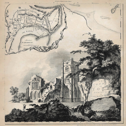 Yorkshire in 1771 sheet 4-5 - features a Plan of Scarborough and a View of Fountains Abbey