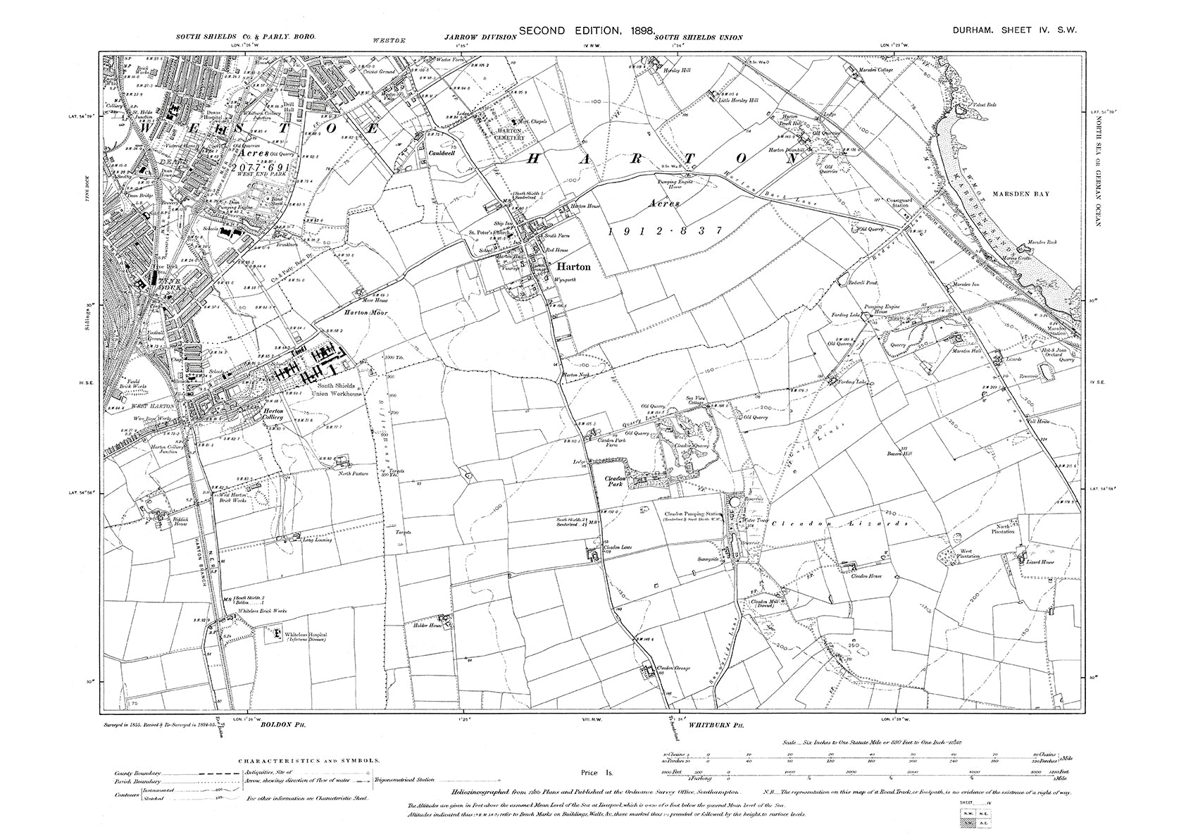 Old OS map dated 1898, showing South Shields (southeast) and Harton in ...