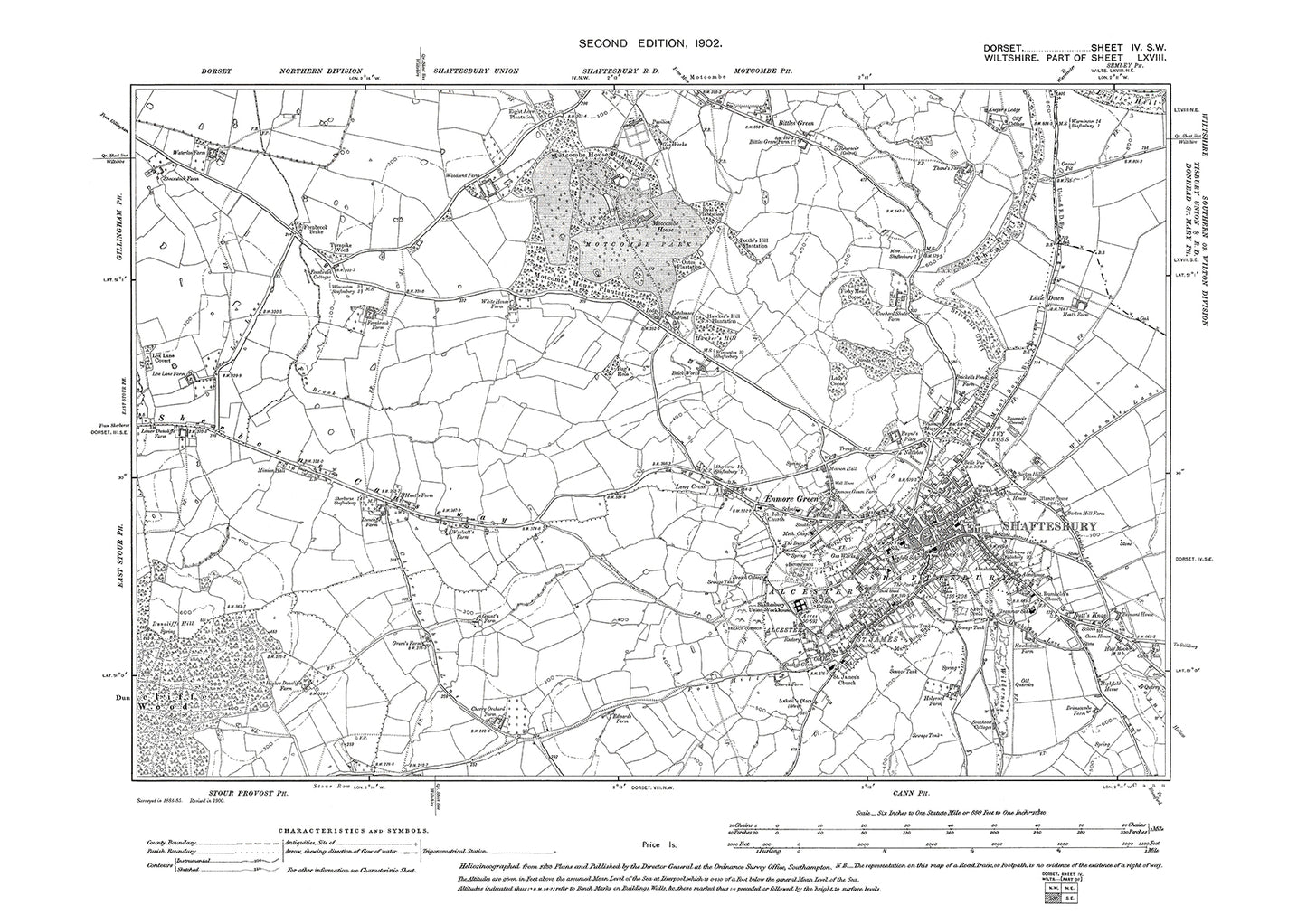 Old OS map dated 1902, showing Shaftesbury, Motcombe (south) in Dorset - 4SW