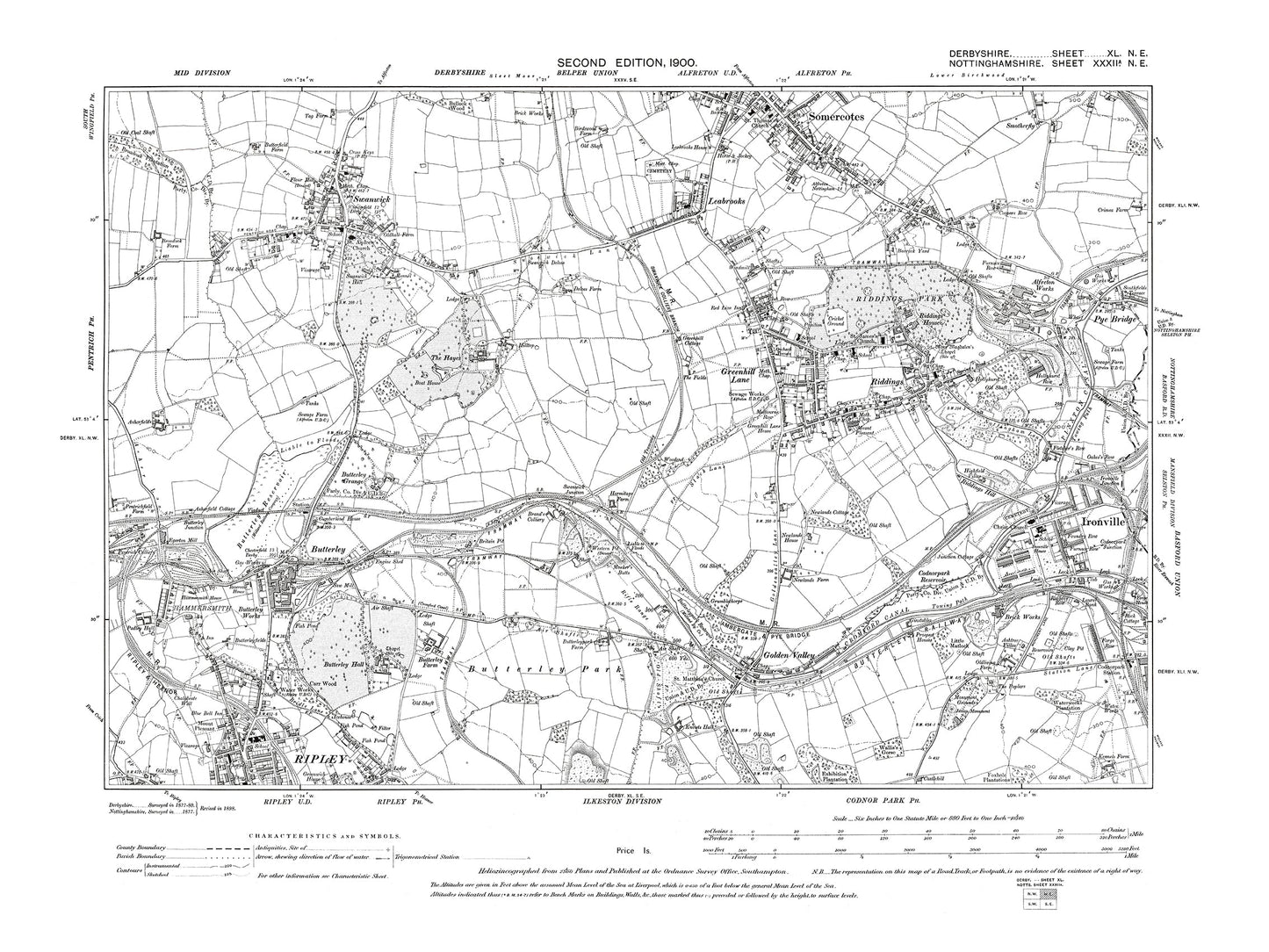 Old OS map dated 1900, showing Somercotes, Riddings Ironville in Derbyshire 40NE