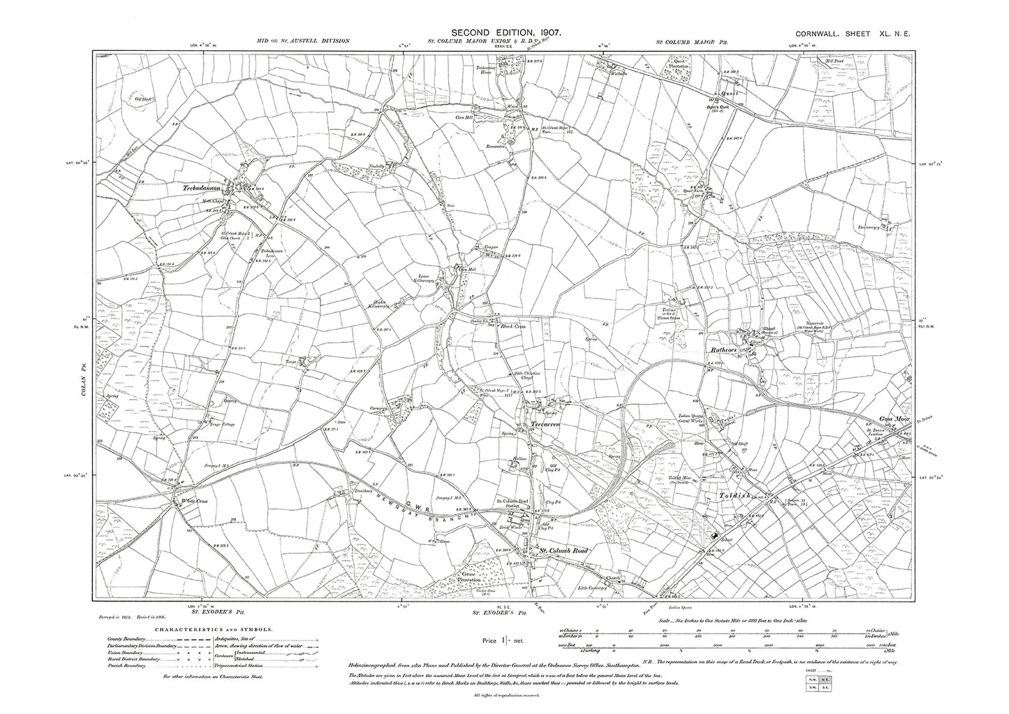 Trebudannon, Trevarren, Ruthvoes, St Columb Road, Toldish, old map Cornwall 1907: 40NE