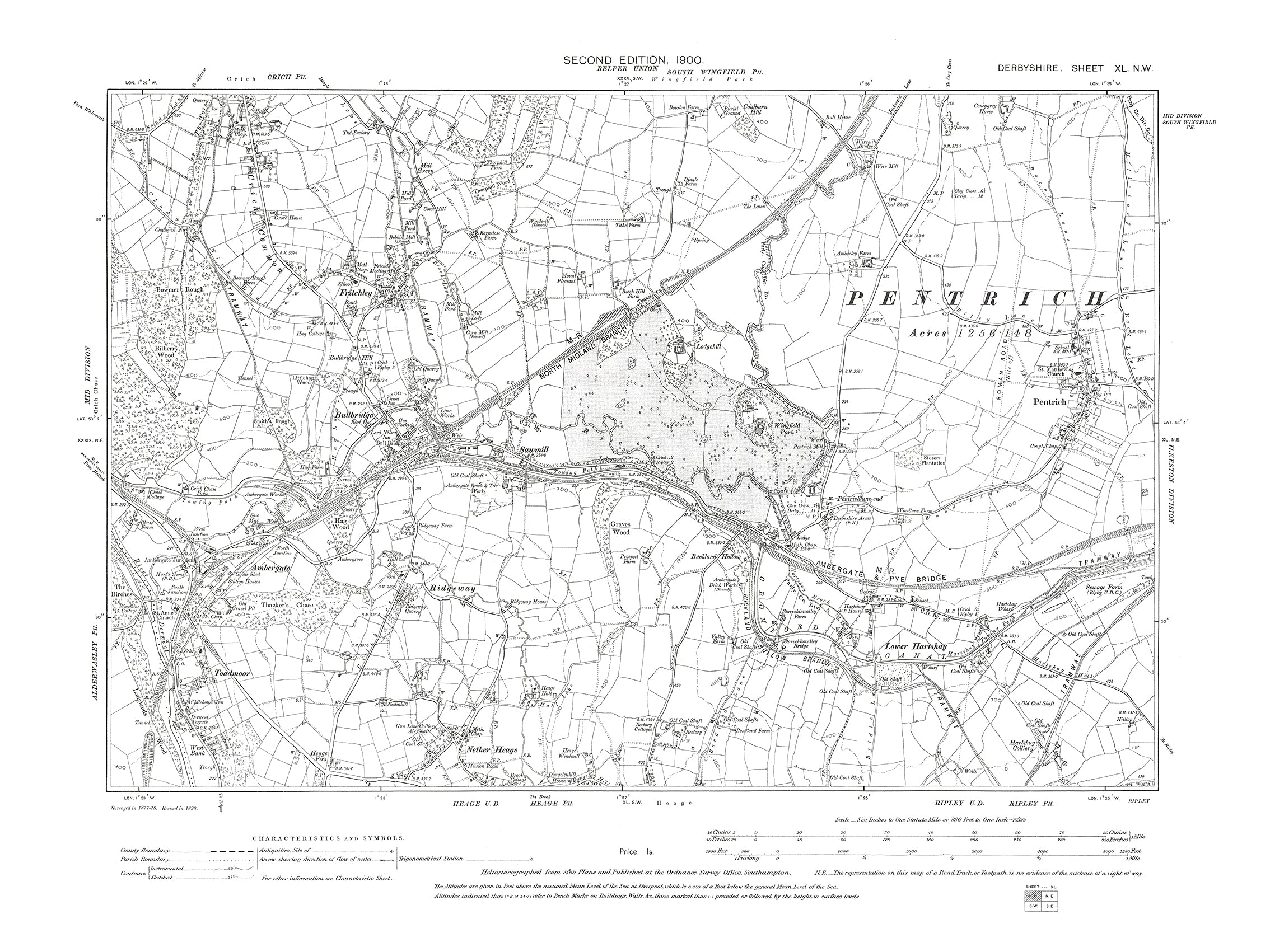 Old OS map dated 1900, showing Fritchley, Bullbridge, Toadmoor in Derb ...
