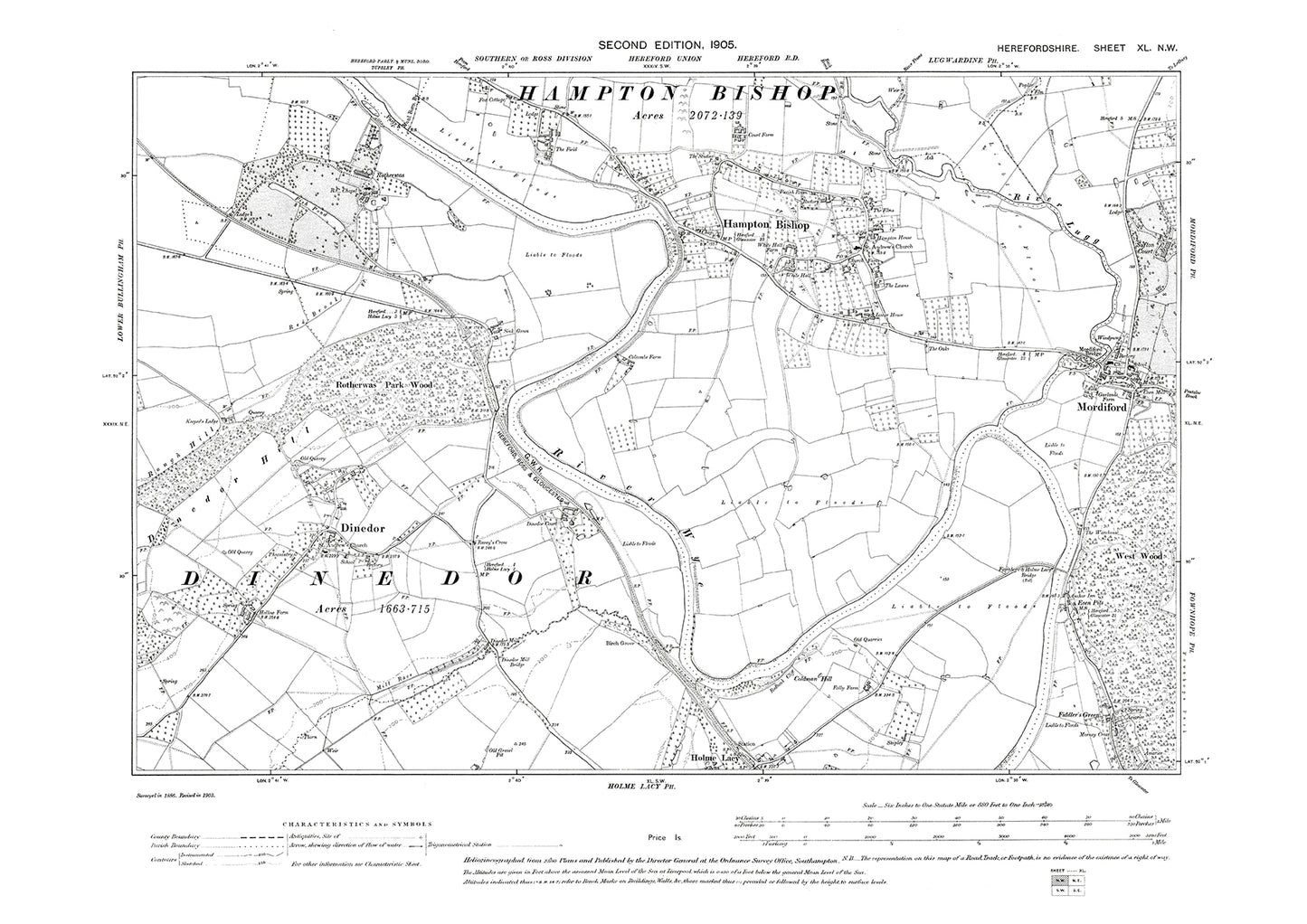 Old OS map dated 1905, showing Hampton Bishop, Mordiford, Dinedor in Herefordshire - 40NW