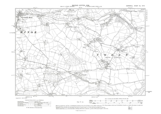 St Columb Minor (east), Colan, Mountjoy, Bosoughan, old map Cornwall 1908: 40NW