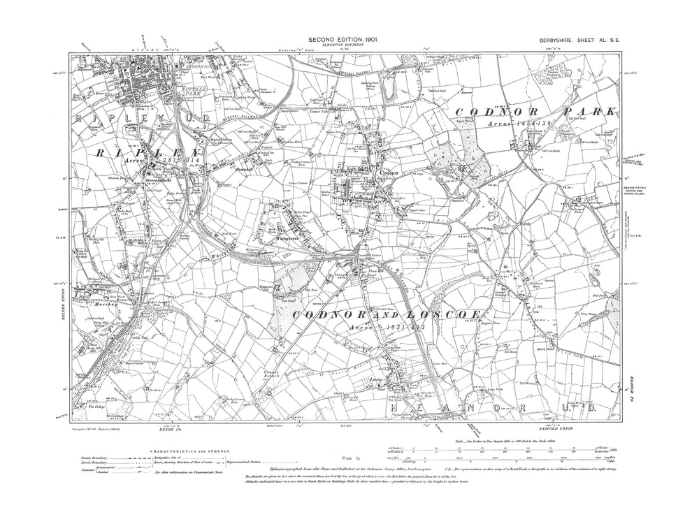 Old OS map dated 1900, showing Ripley (south), Codnor, Waingroves, Mar ...