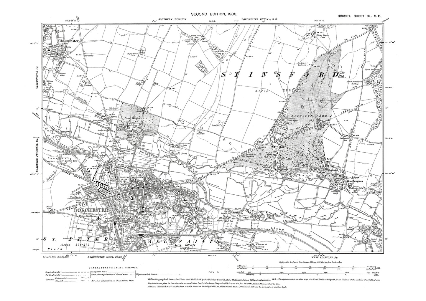 Old OS map dated 1903, showing Dorchester, Charminster, Stinsford, Kingston in Dorset - 40SE