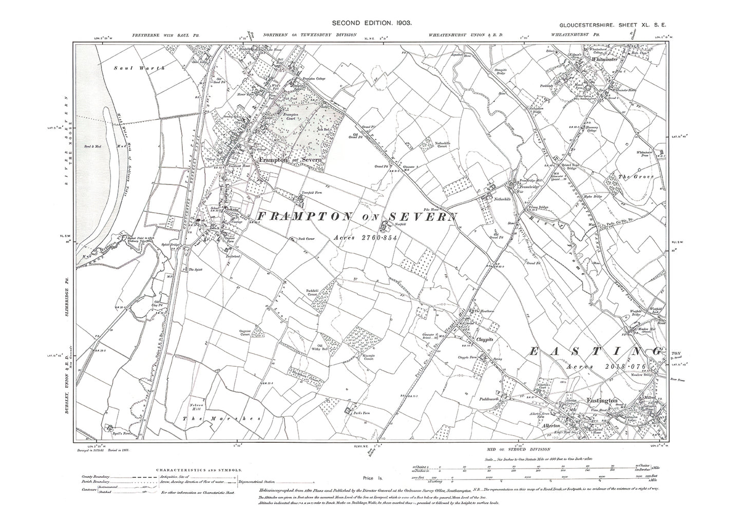 Old OS map dated 1903, showing Frampton, Eastington, Whitminster in Gloucestershire - 40SE