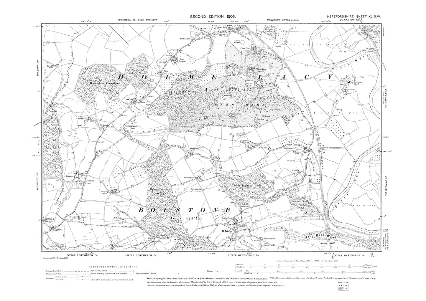 Old OS map dated 1905, showing Holme Lacy, Bolstone, Fownhope in Herefordshire - 40SW