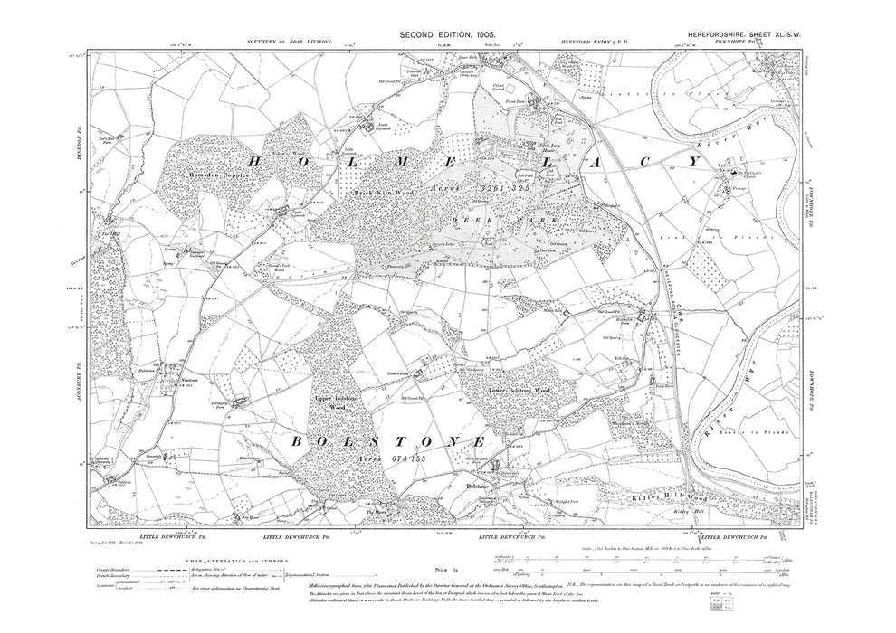 Old OS map dated 1905, showing Holme Lacy, Bolstone, Fownhope in Heref ...