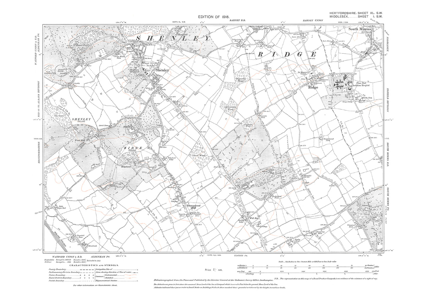 Old OS map dated 1916, showing Ridge, Shenley in Hertfordshire - 40SW