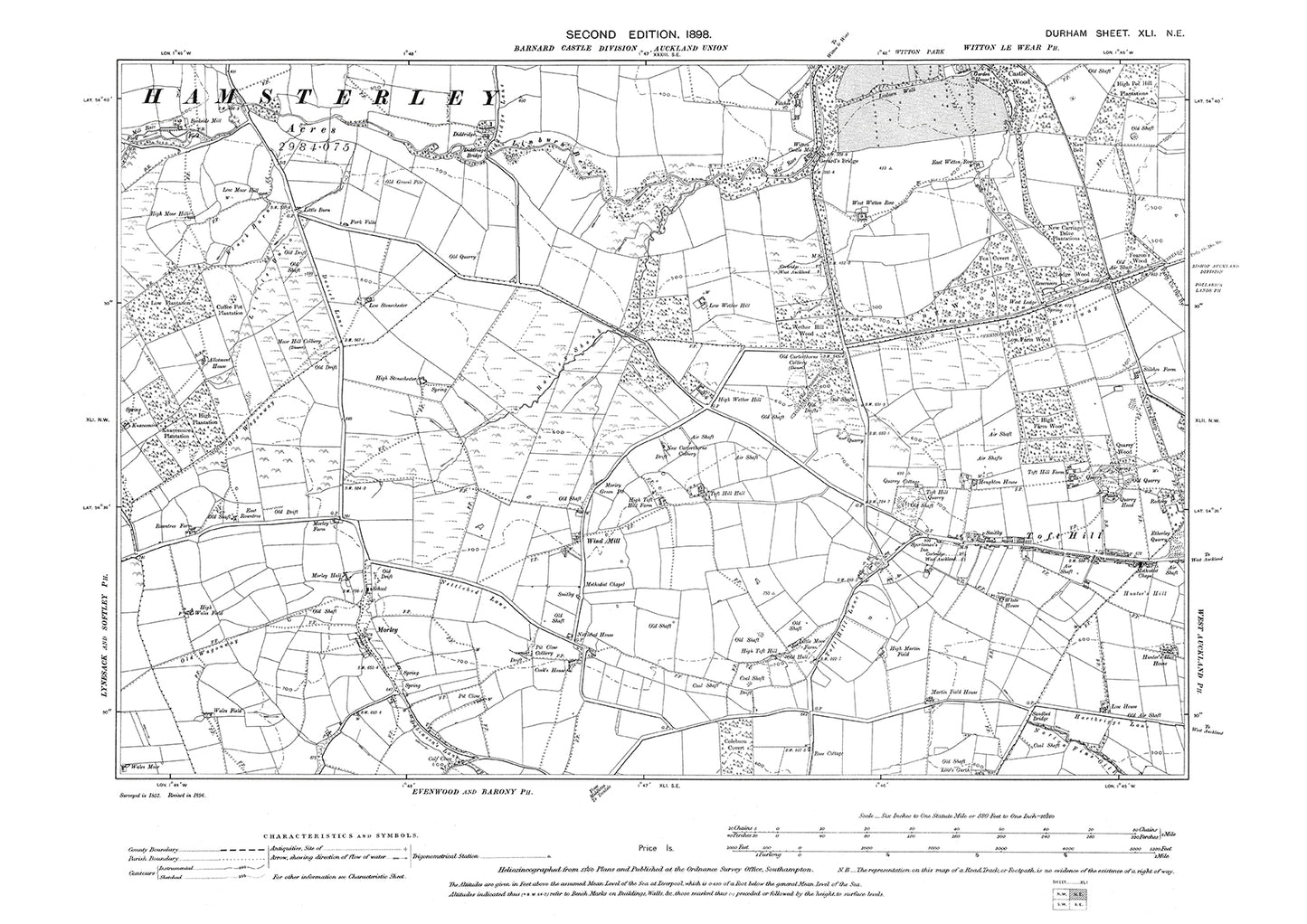 Old OS map dated 1898, showing Toft Hill and Gerard's Bridge in Durham - 41NE