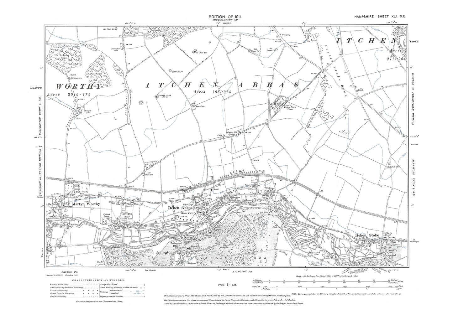 Old OS map dated 1910, showing Avington, Itchen Abbas, Martyr Worthy i ...