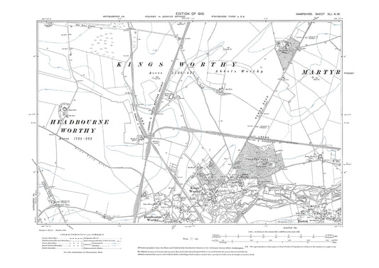 Old OS map dated 1910, showing Kings Worthy, Headbourne Worthy, Easton in Hampshire - 41NW