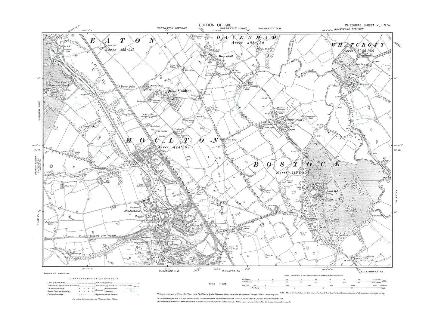 Old OS map dated 1911, showing Winsford (north), Moulton, Bostock in Cheshire 41NW