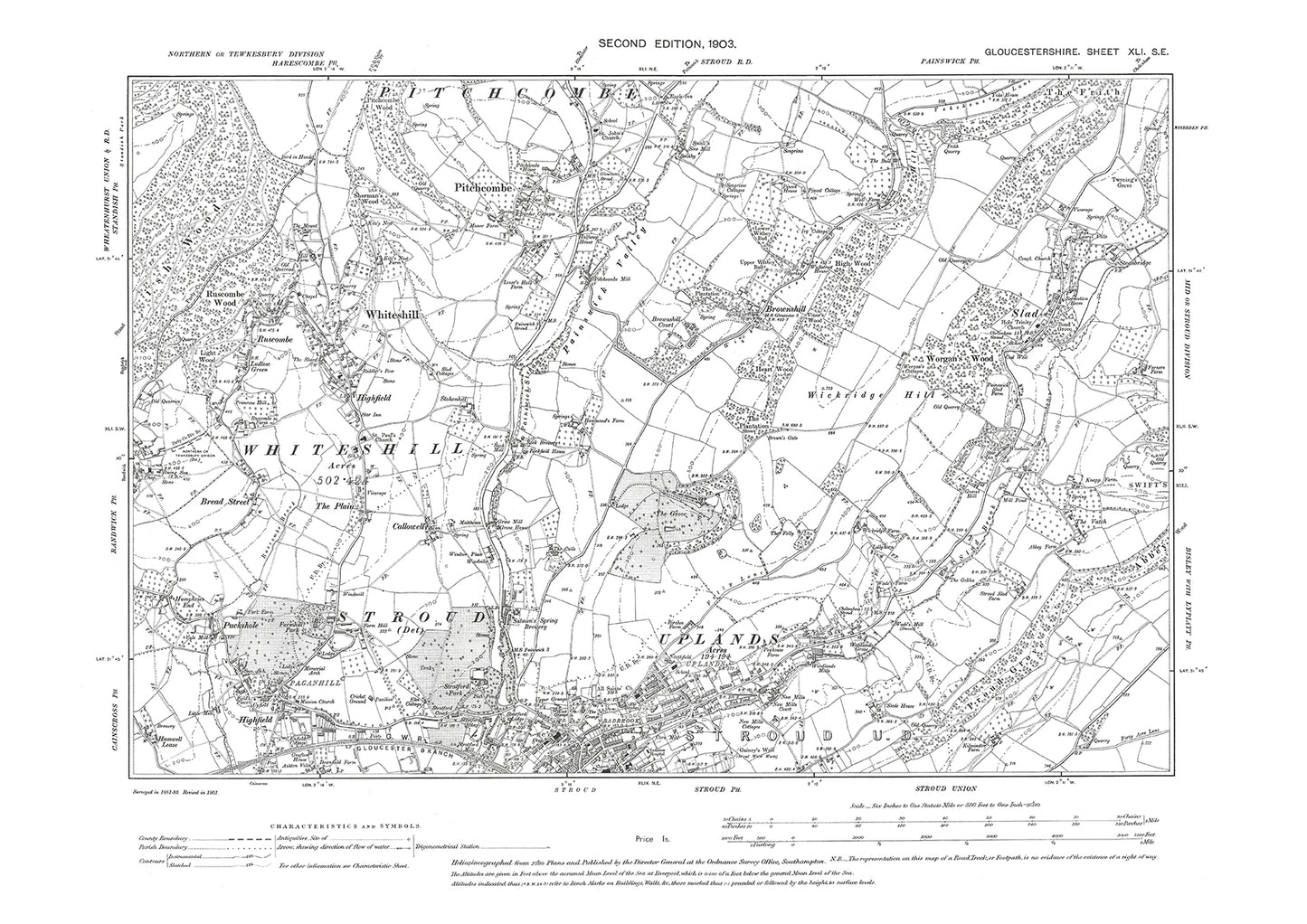 Old OS map dated 1903, showing Stroud (north), Whiteshill, Paganhill, Pitchcombe in Gloucestershire - 41SE