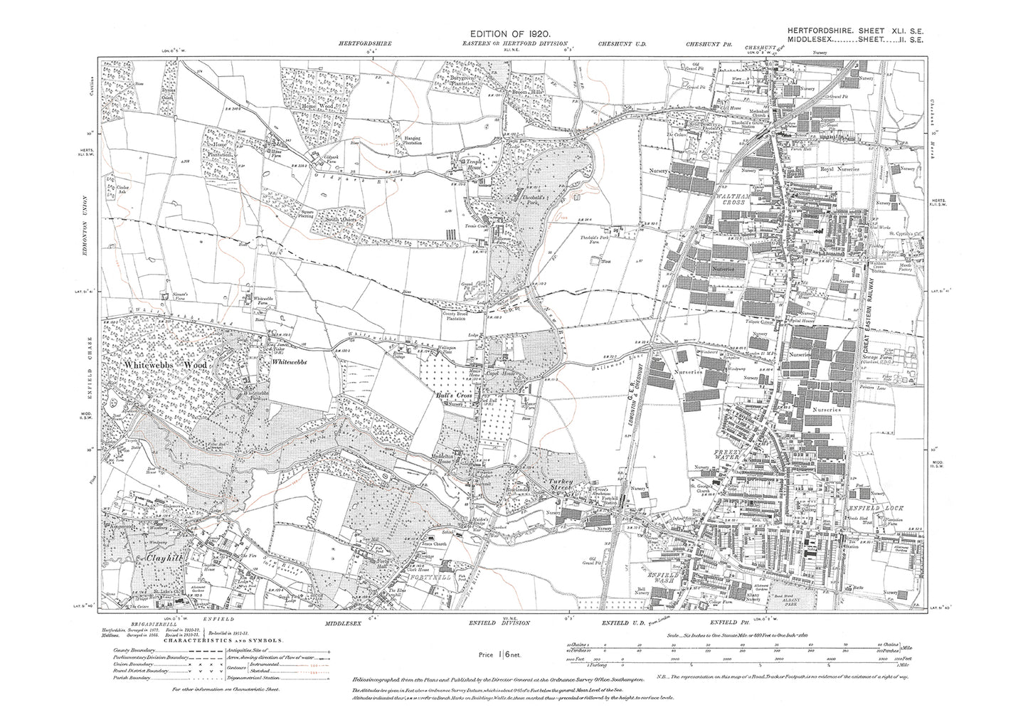 Old OS map dated 1920, showing Waltham Cross in Hertfordshire - 41SE