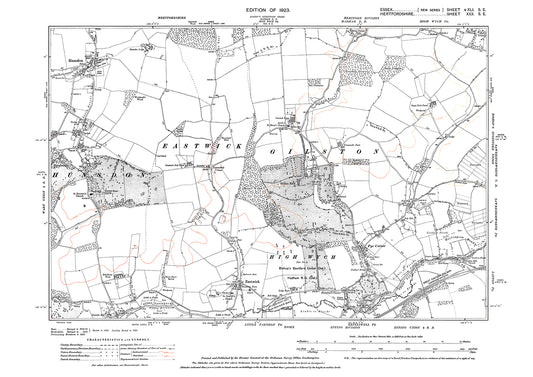 Old OS map dated 1923, showing Hunsdon, Eastwick, PyeCorner and Gilston in Essex - 41SE