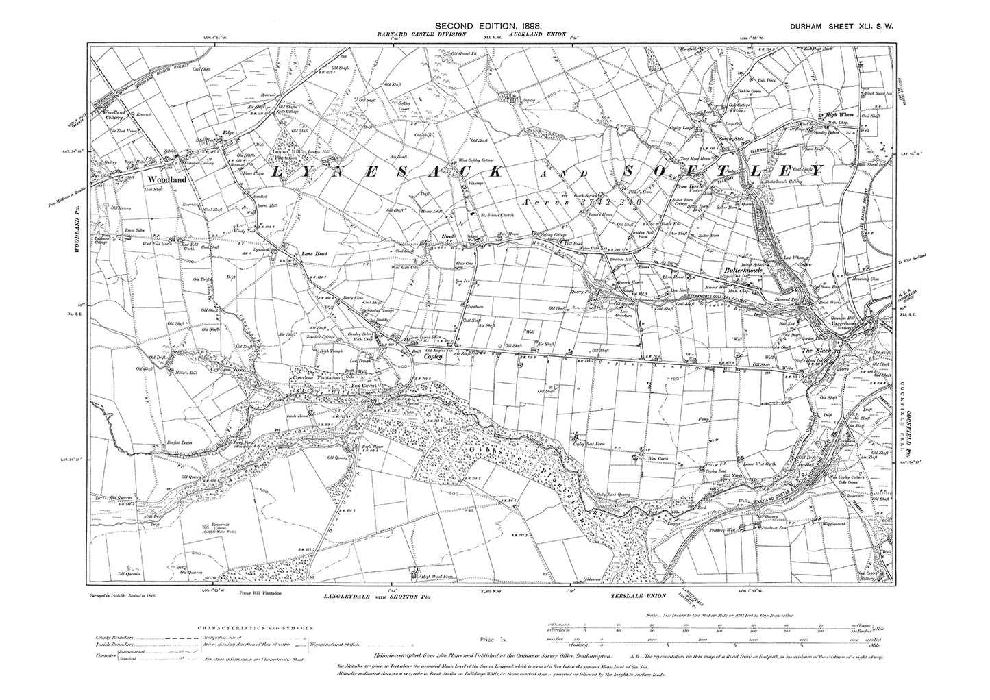 Old OS map dated 1898, showing Woodland, Copley and Butterknowle in Durham - 41SW