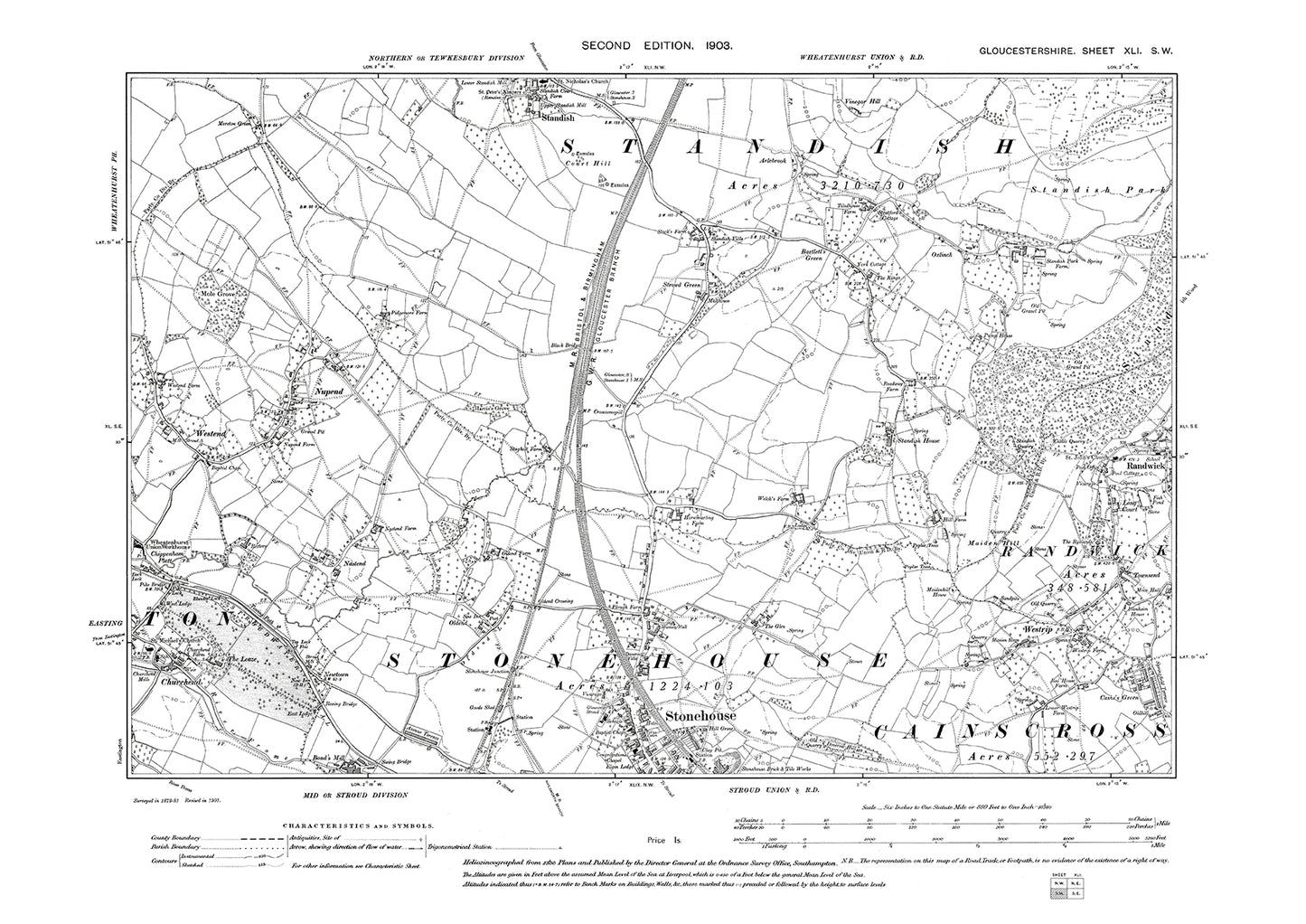 Old OS map dated 1903, showing Eastington, Stonehouse, Standish (south), Nupend, Randwick in Gloucestershire - 41SW