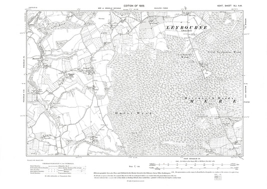 West Malling (south), Wateringbury (north), old map Kent 1909: 41NE