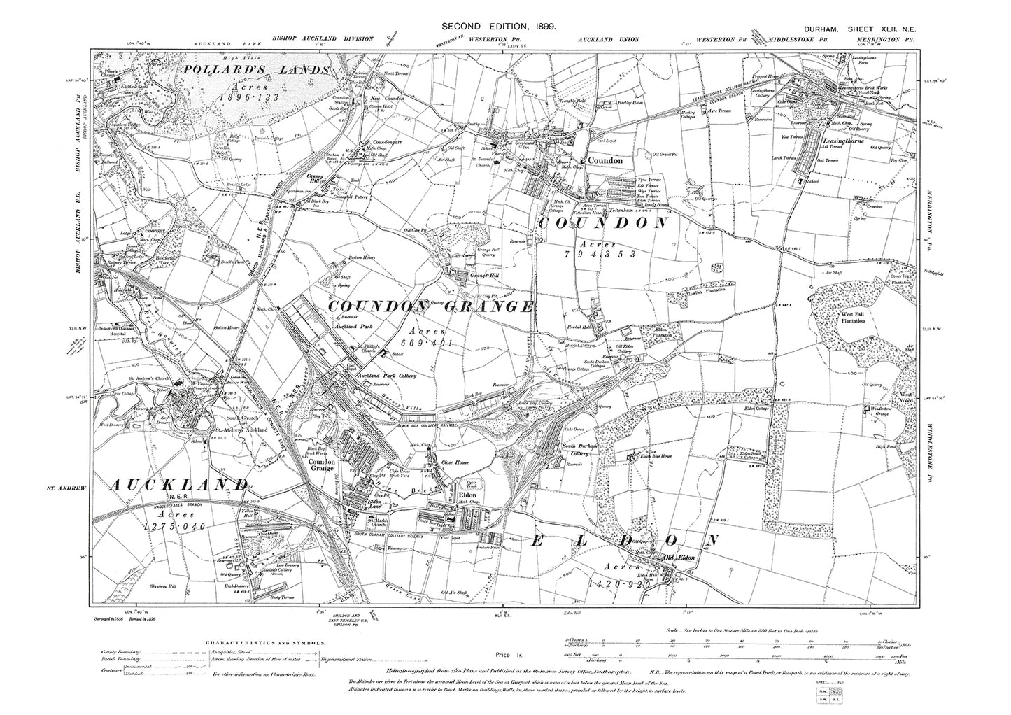 Old OS map dated 1899, showing Coundon, Eldon and St Andrews Auckland in Durham - 42NE