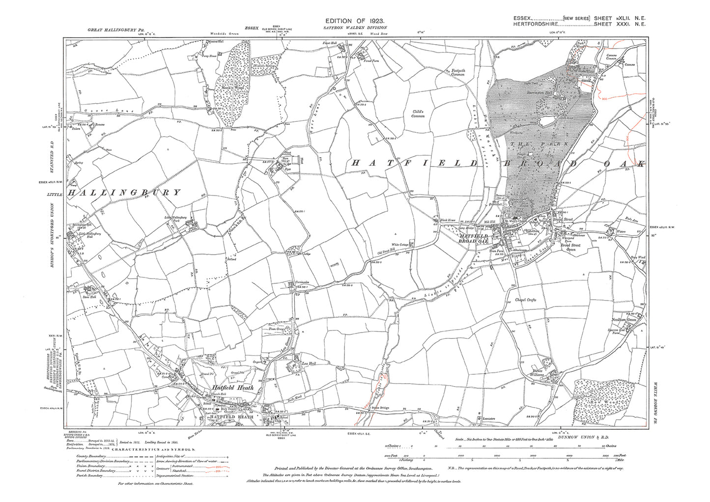 Old OS map dated 1923, showing Hatfield Broad Oak and Hatfield Heath (north) in Essex - 42NE