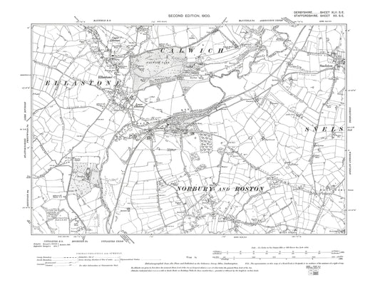 Old OS map dated 1900, showing Ellastone, Snelston in Derbyshire 42SE