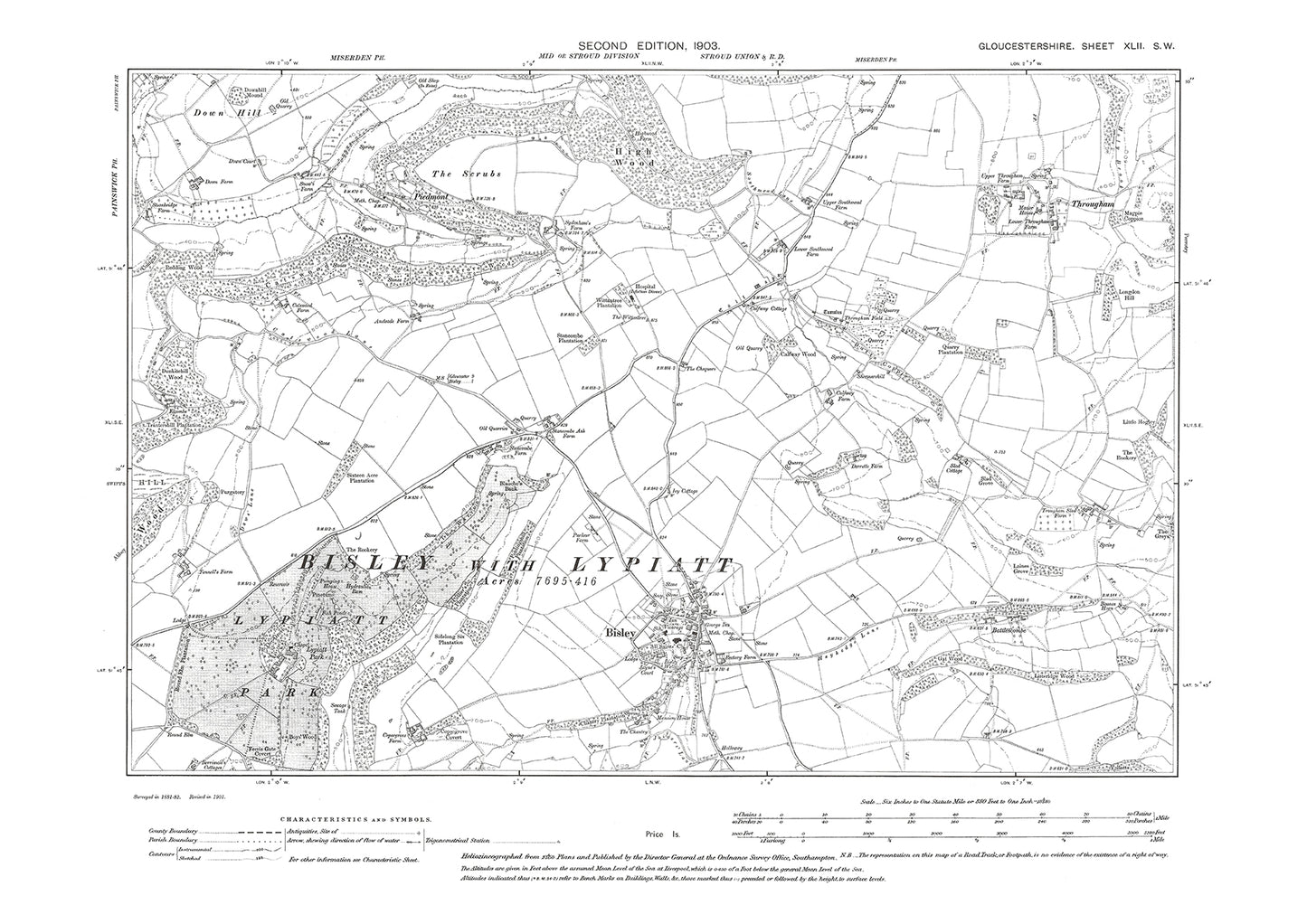 Old OS map dated 1903, showing Bisley in Gloucestershire - 42SW