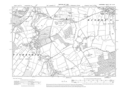 Old OS map dated 1910, showing Bishops Sutton, Tichborne in Hampshire - 42SW