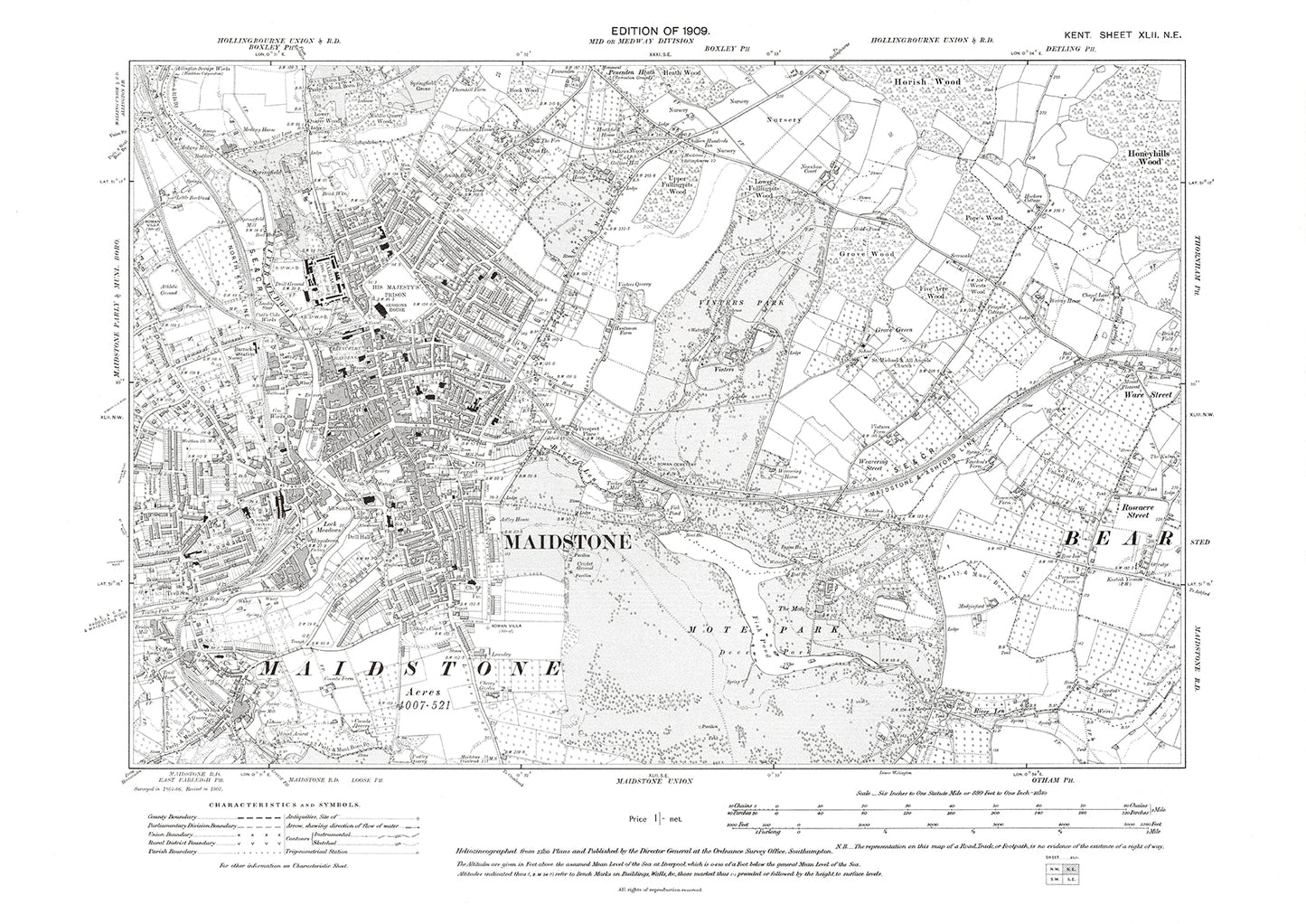 Maidstone, Vinters Park, Bearsted, old map Kent 1909: 42NE