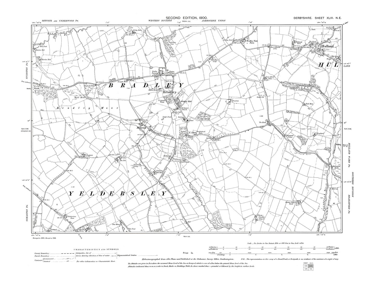 Old OS map dated 1900, showing Hulland, Bradley in Derbyshire 43NE