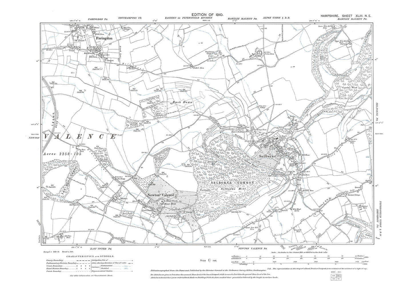 Old OS map dated 1910, showing Selborne, Newton Valence, Faringdon in Hampshire - 43NE