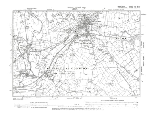 Old OS map dated 1900, showing Ashbourne, Clifton, Mayfield in Derbyshire 43NW