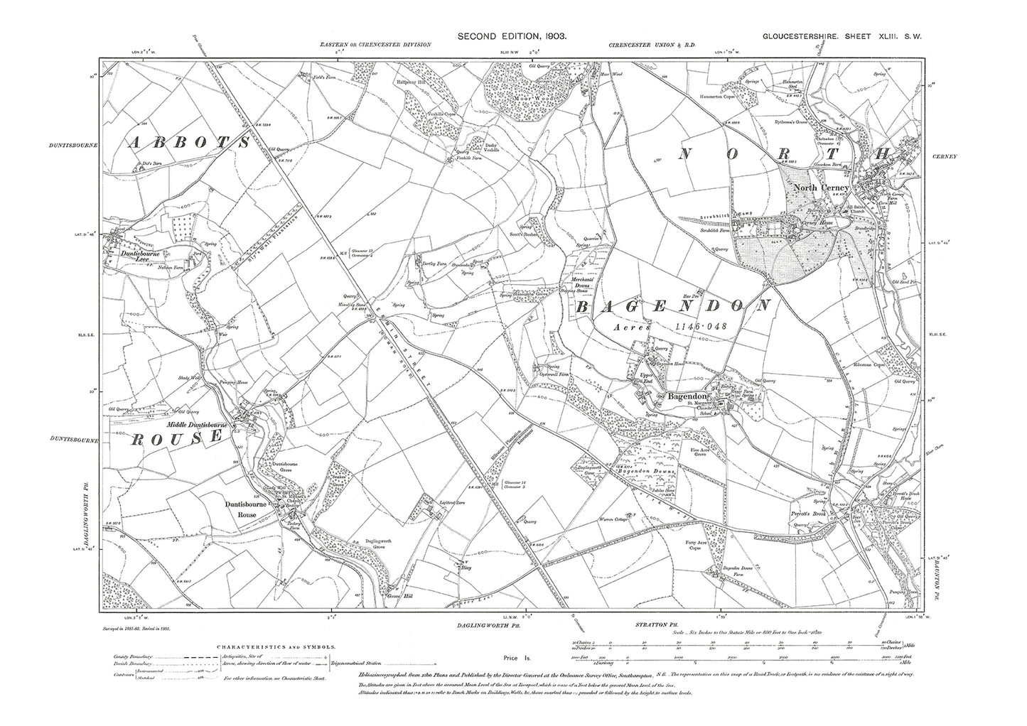 Old OS map dated 1903, showing North Cerney, Bagendon, Duntisbourne in Gloucestershire - 43SW