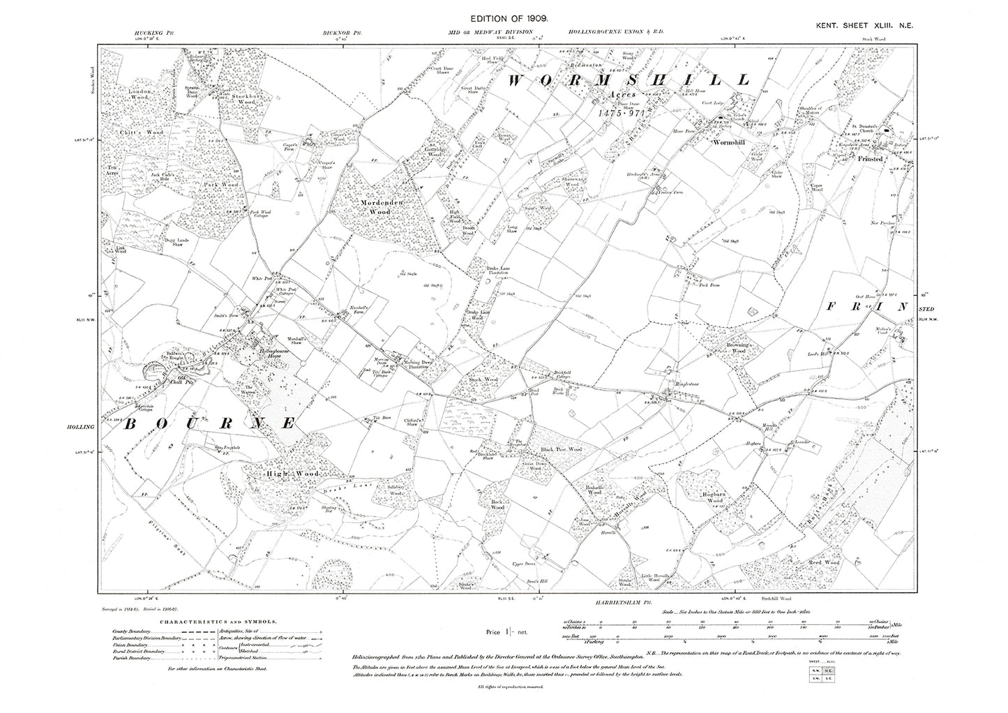 Wormshill Hollingbourne, old map Kent 1909: 43NE