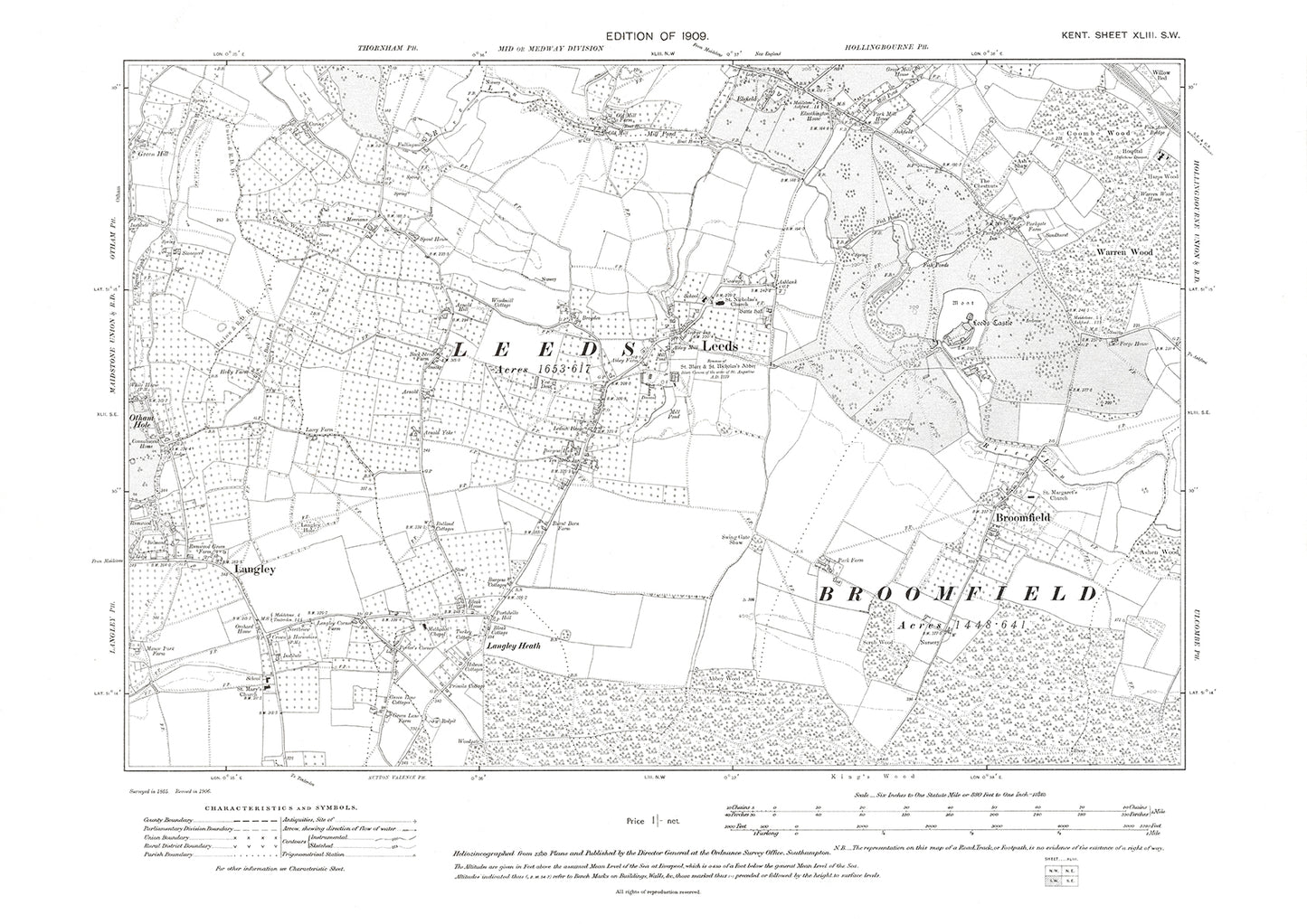 Leeds, Langley Heath, Broomfield, old map Kent 1909: 43SW