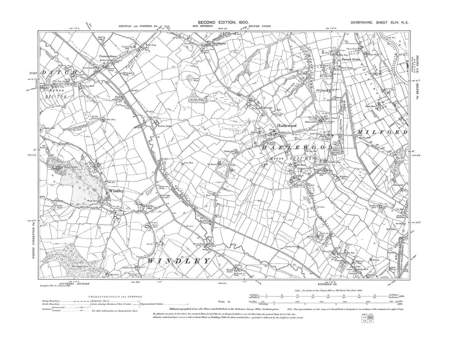 Old OS map dated 1900, showing Turn Ditch (east), Cowerslane, Windley, Hazlewood, Duffield (north) in Derbyshire 44NE