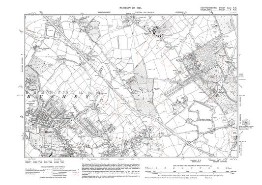 Old OS map dated 1934, showing Bushey, Aldenham in Hertfordshire - 44NE
