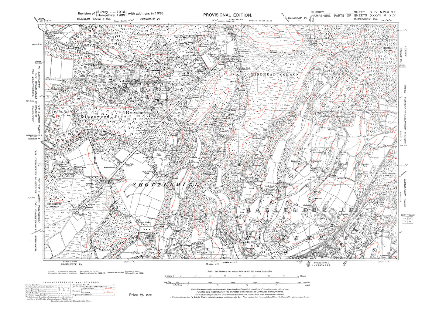 Haslemere (north), Shottermill (north), Elstead (south) old map Surrey 1938: 44NW