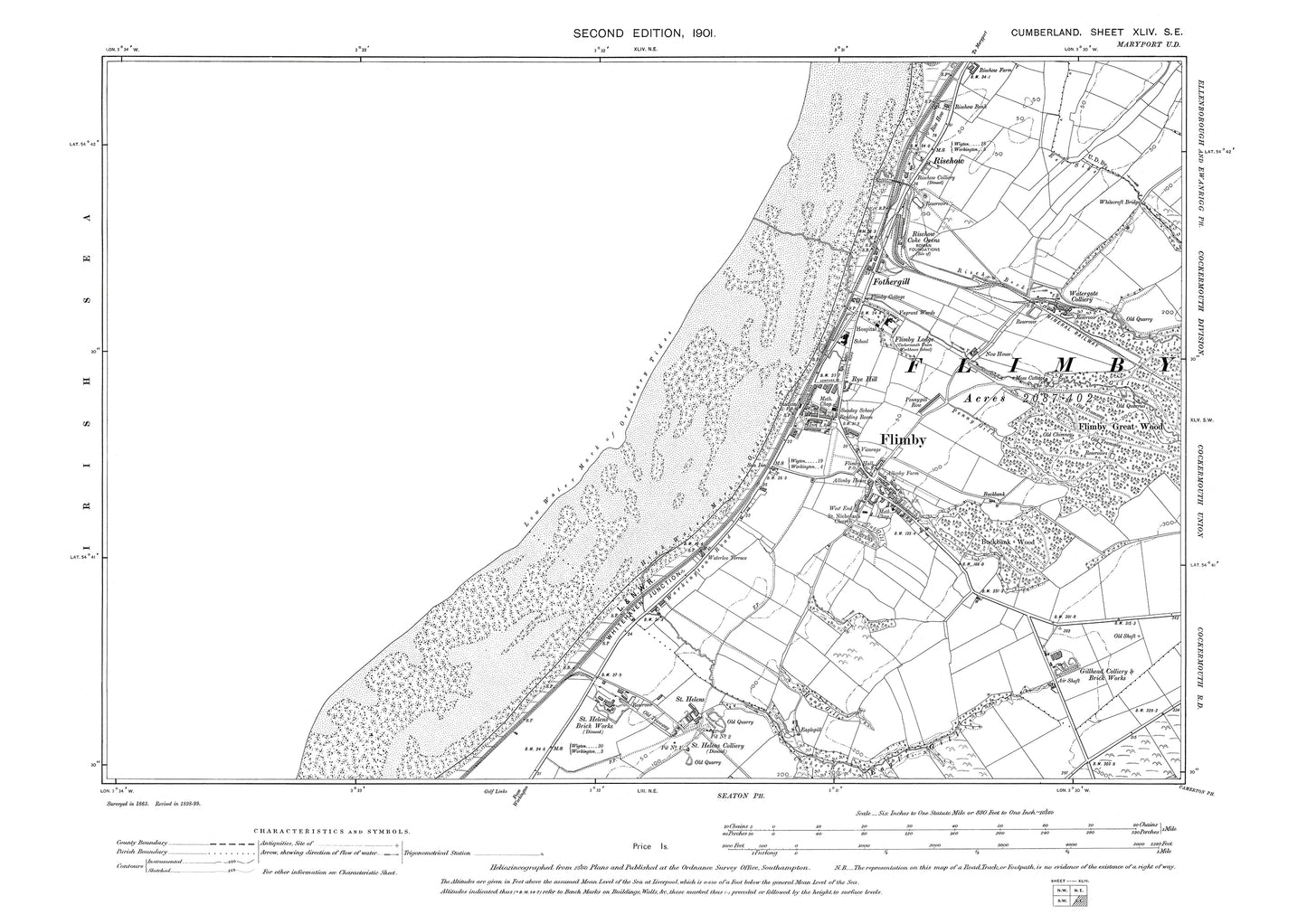 Old OS map dated 1901, showing Flimby, Fothergill, Risehow in Cumberland - 44SE