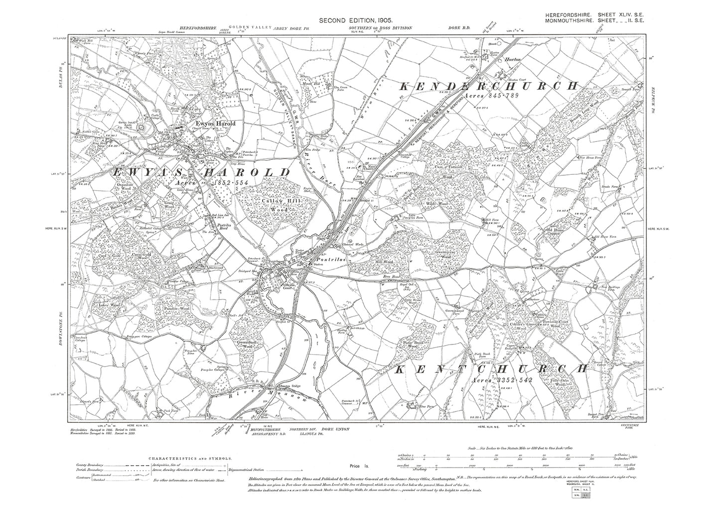 Old OS map dated 1905, showing Ewyas Harold, Pontrilas in Herefordshire - 44SE