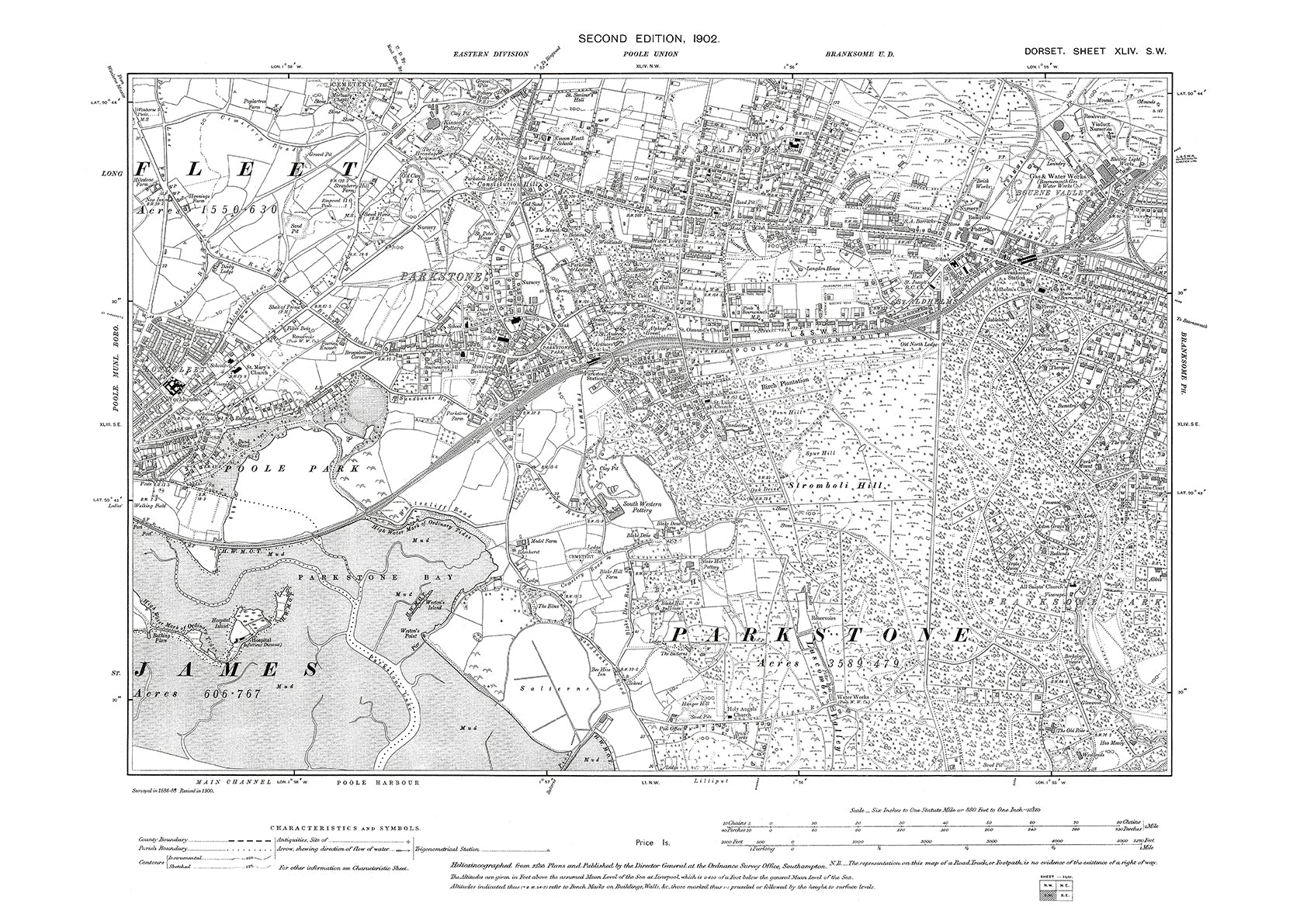Longfleet Old OS map dated 1902, showing Poole Parkstone, Longfleet, St Aldhelms ...