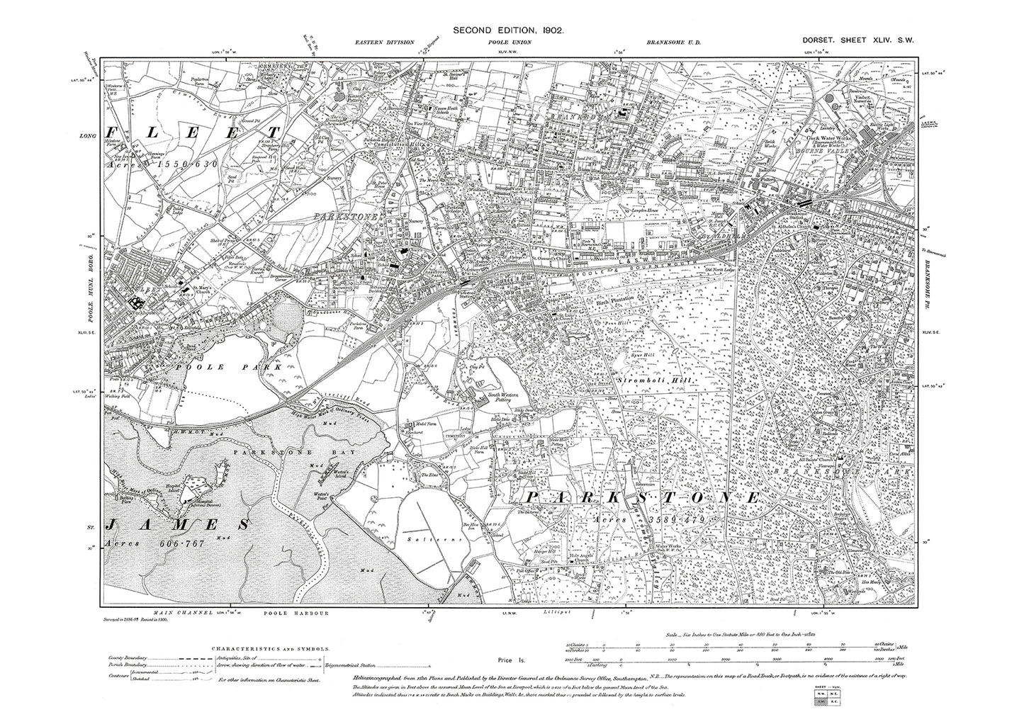 Old OS map dated 1902, showing Poole Parkstone, Longfleet, St Aldhelms in Dorset - 44SW