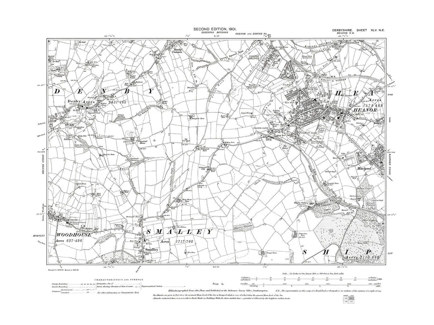 Old OS map dated 1900, showing Heanor, Denby, Smalley, Horsley Woodhouse in Derbyshire 45NE