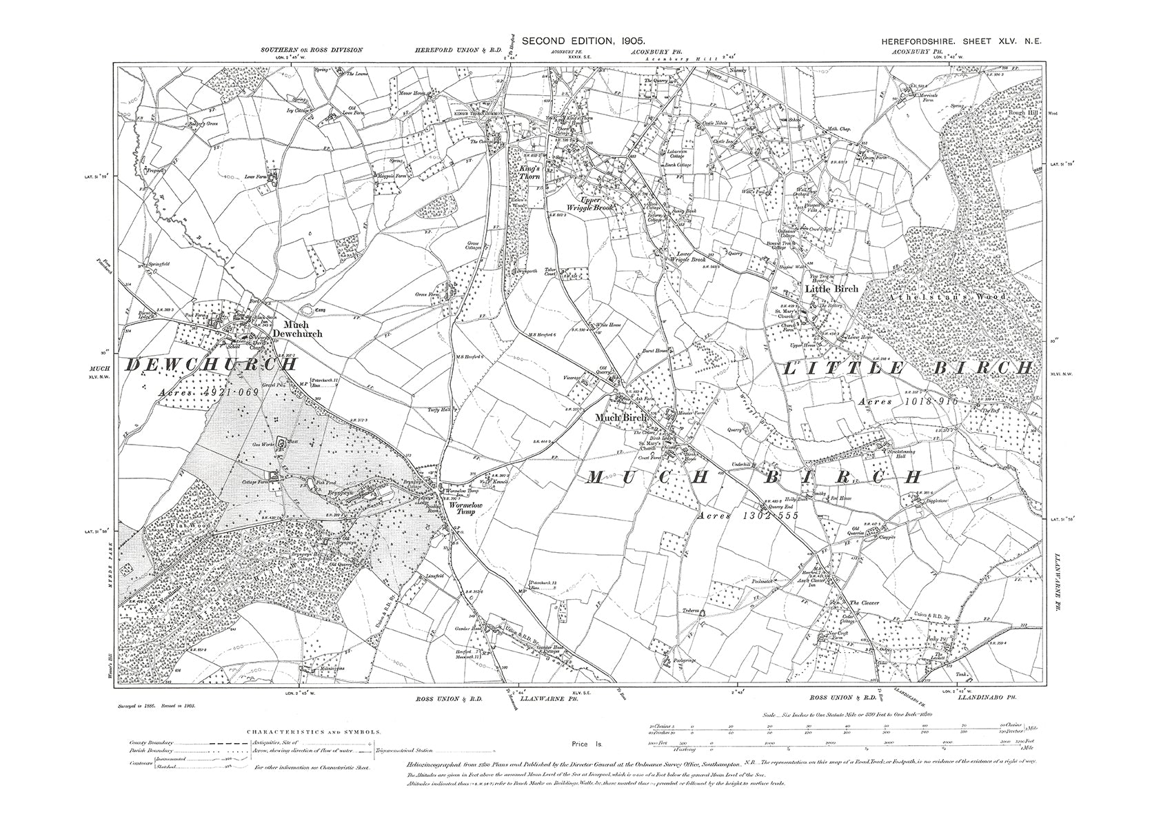 Old OS map dated 1905, showing Much Dewchurch, Upper Wriggle Brook in ...