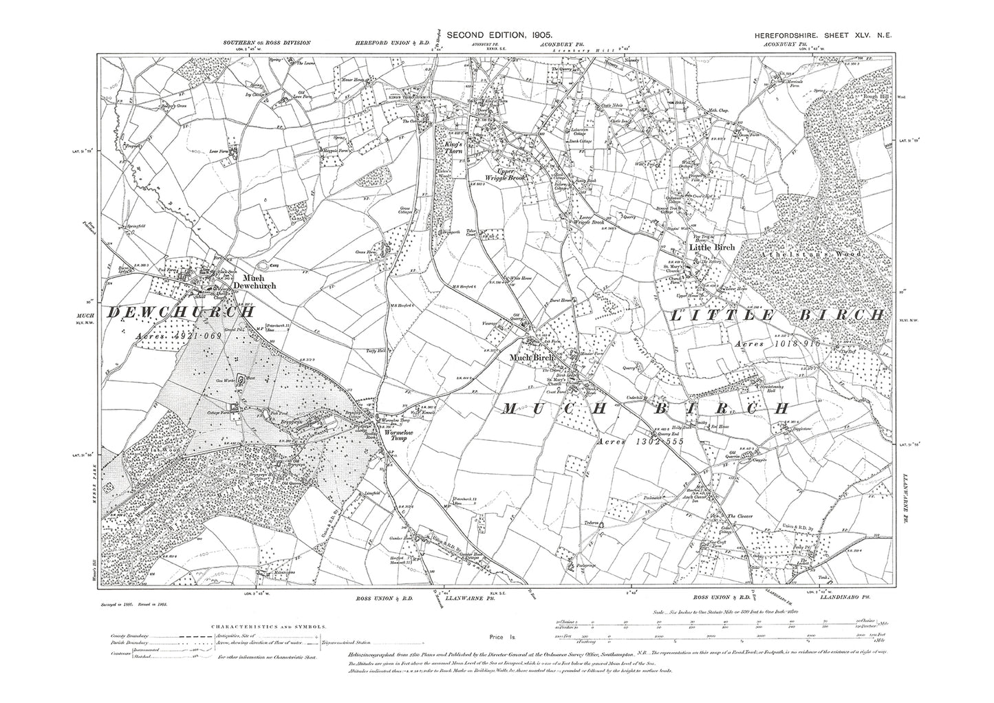 Old OS map dated 1905, showing Aconbury Hill, Much Birch, Little Birch in Herefordshire - 45NE