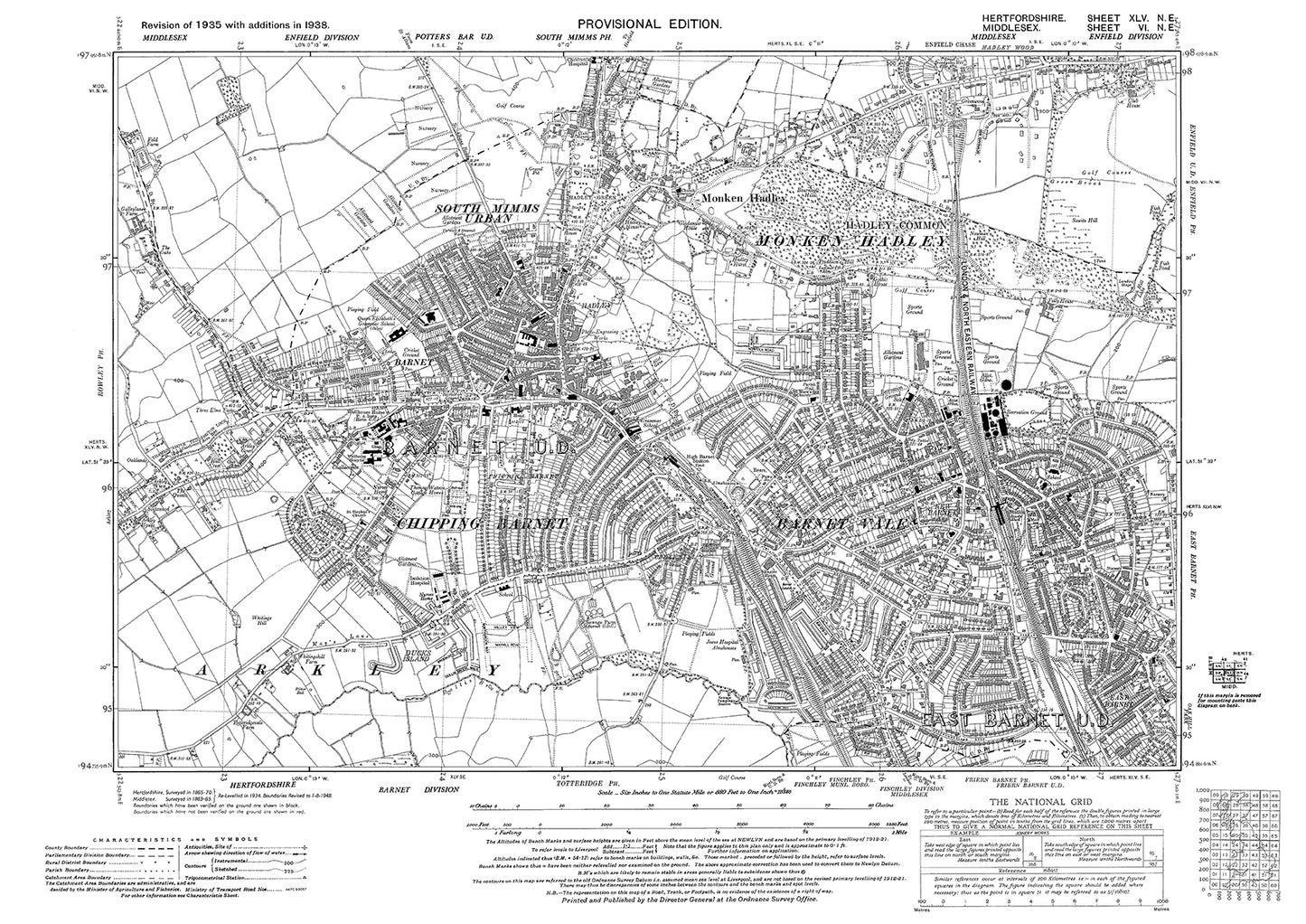 Old OS map dated 1938, showing South Mimms, Monken Hadley, Barnet Vale, Chipping Barnet in Hertfordshire - 45NE