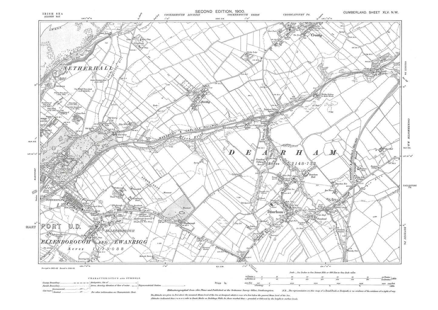 Old OS map dated 1901, showing Maryport Ellenborough, Dearham, Birkby, Crosby in Cumberland - 45NW